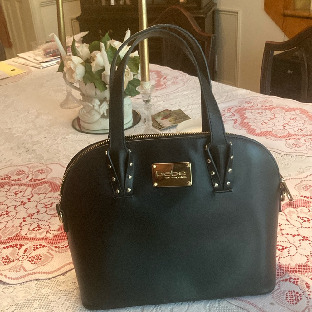 Bebe Black Satchel with Gold-Tone Accents
